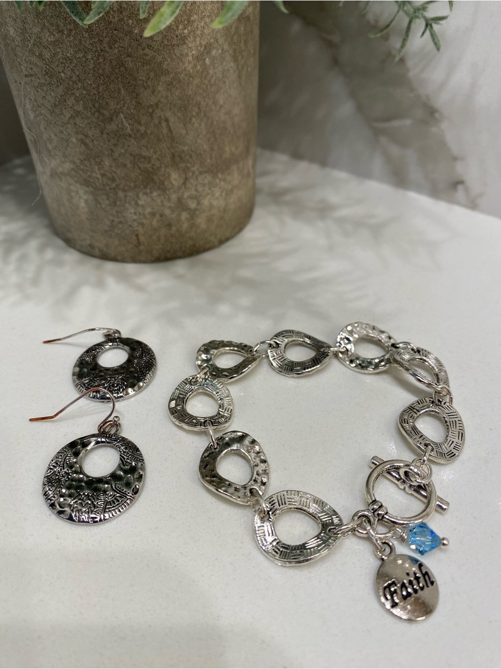 Hammered Silver - Toned Bracelet And Matching Earrings Set With Faith Charm